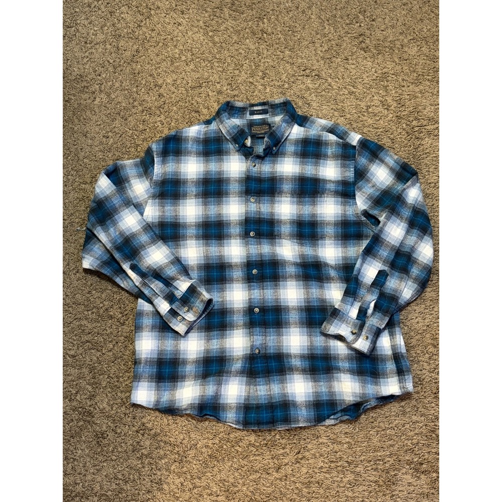 Pendleton Mason Blue White Plaid Flannel Button Down Shirt Mens XL Long Sleeve
